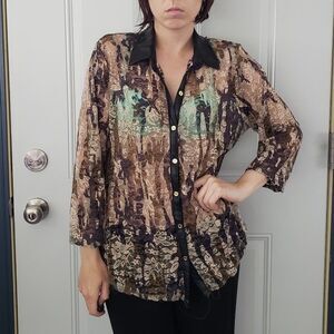 Y2K Brown and Green‎ Sheer Lace Top